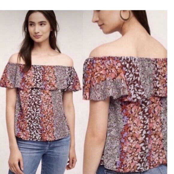 Anthropologies Maeve Floral Ruffle Off the Shoulder Blouse Size Small - Picture 1 of 12